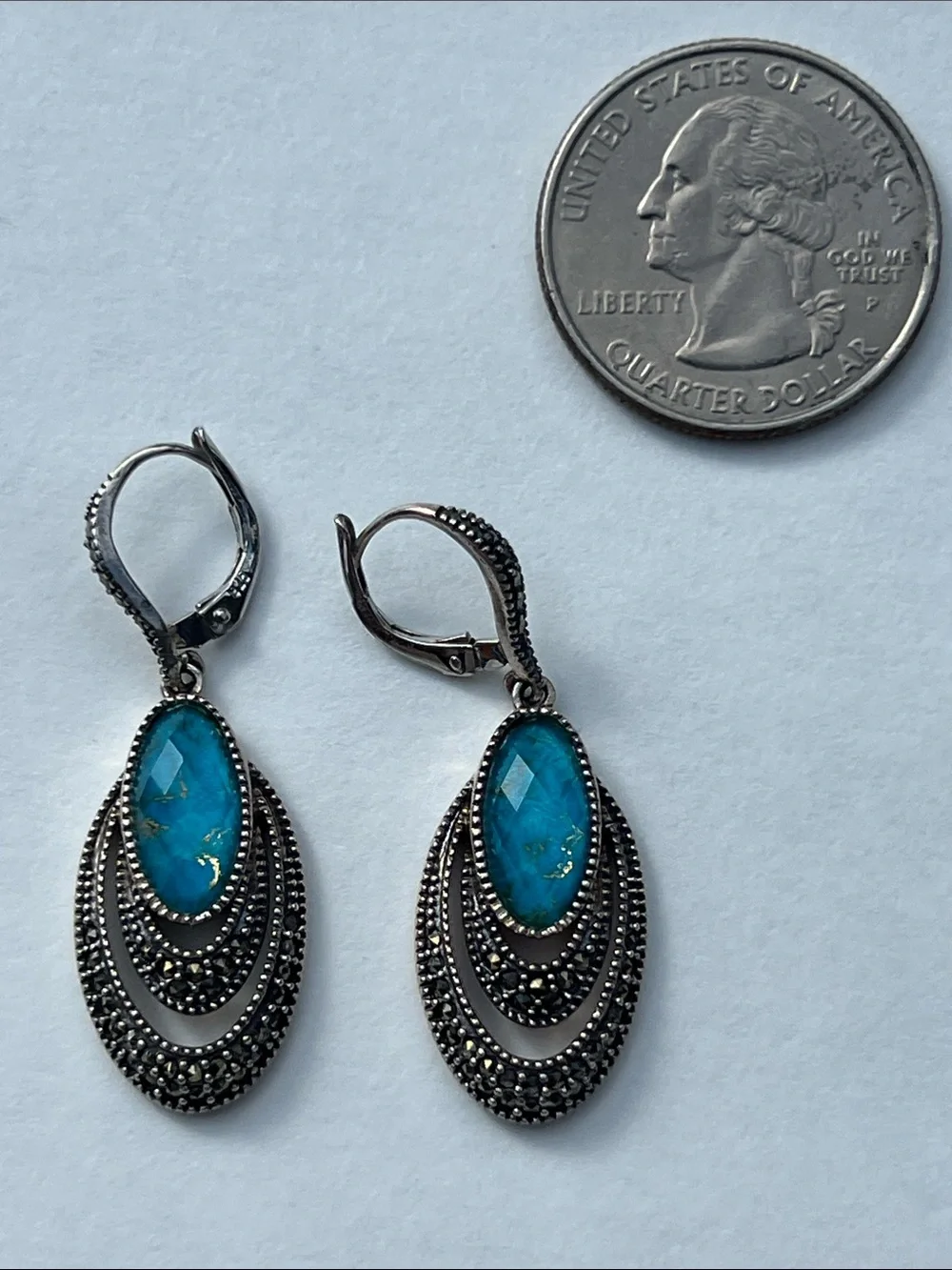 Blue Teardrop Dangle Earrings with Antiqued Silver Detail 925 Sterling